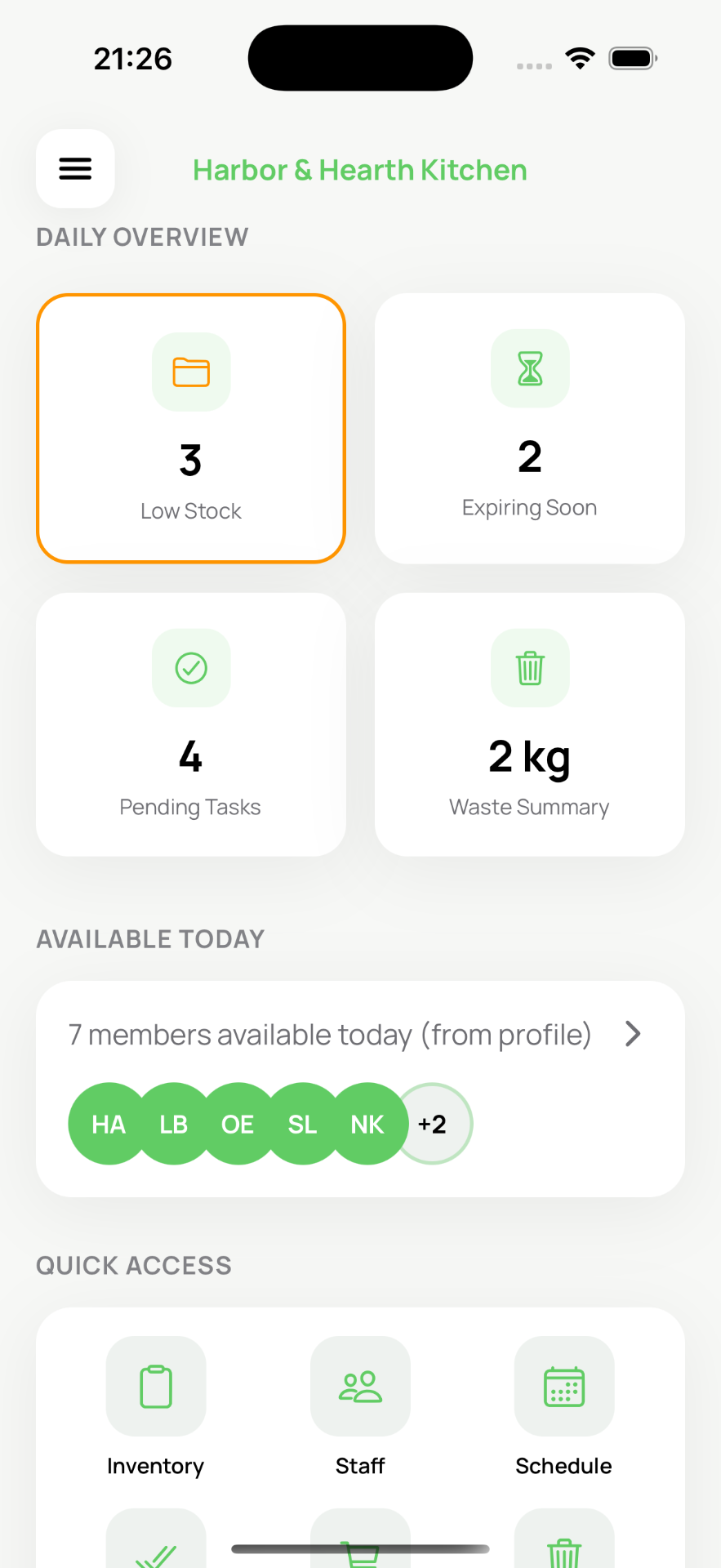 KitchFlow app home screen showing daily kitchen overview